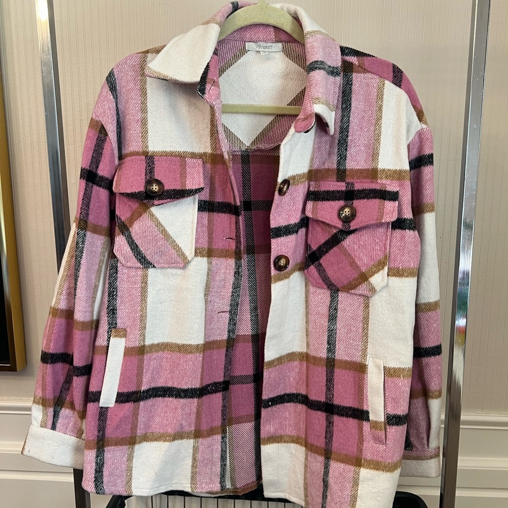 Veveret Pink Plaid Flannel Oversized Shirt Jacket